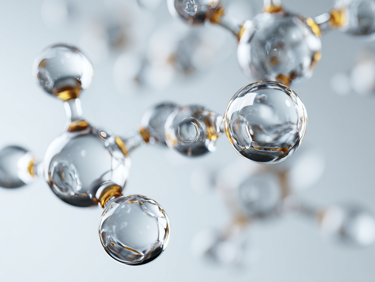 Transparent molecular structure representing peptides in skincare and collagen support, macro image on white background.