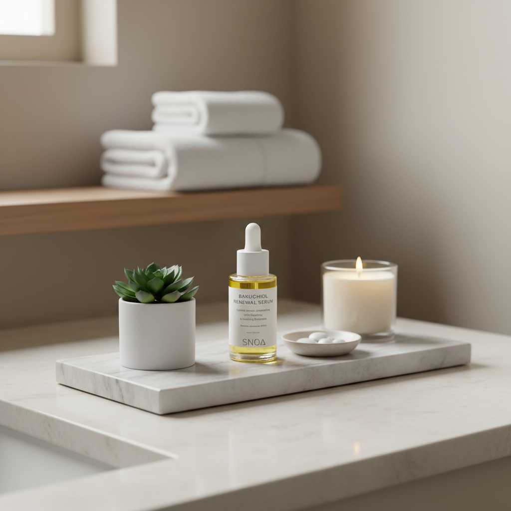 Bottle of SNOA's bakuchiol serum on a marble tray with a candle, plant, and folded towels in the background.