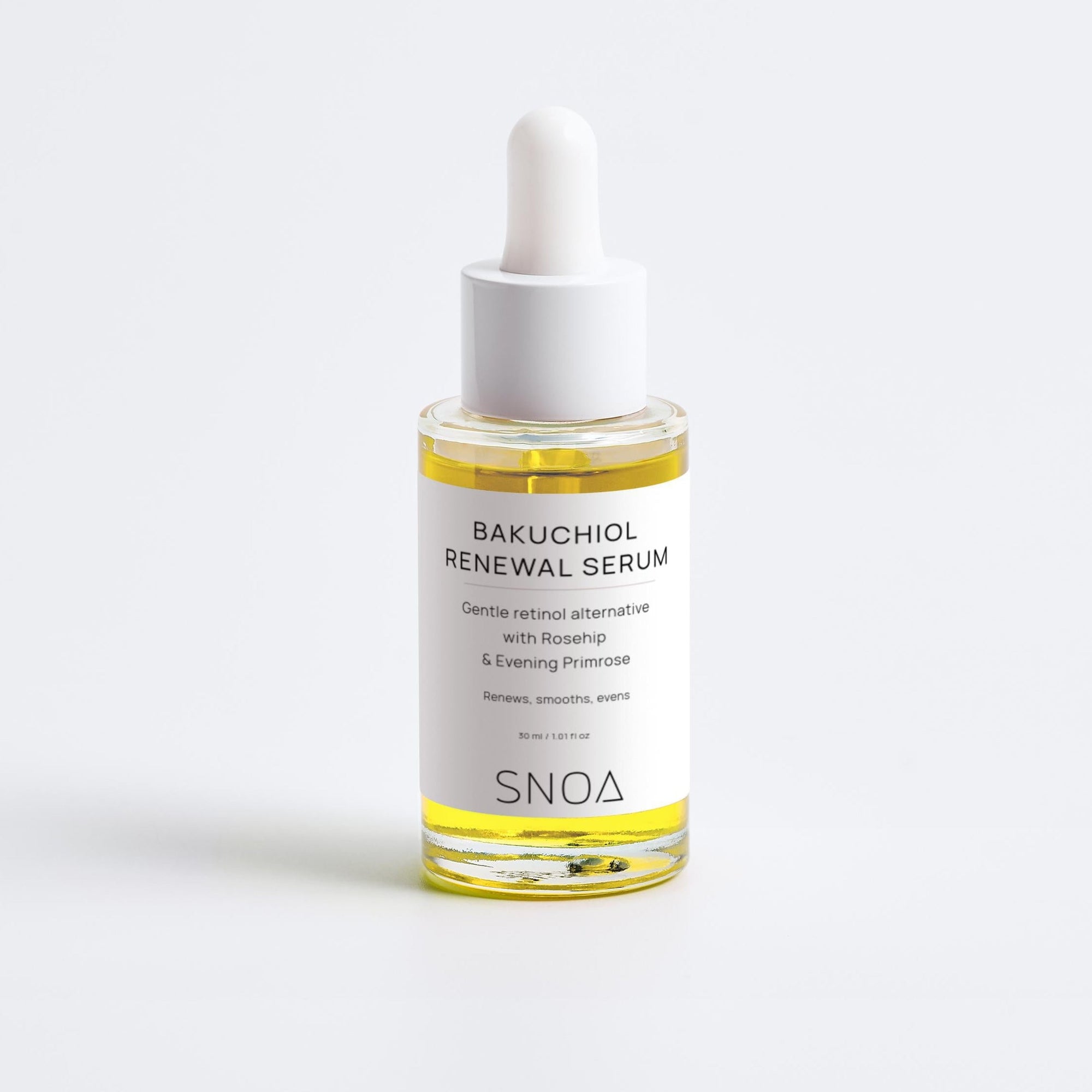 Bottle of SNOA Bakuchiol Renewal Serum on a white background