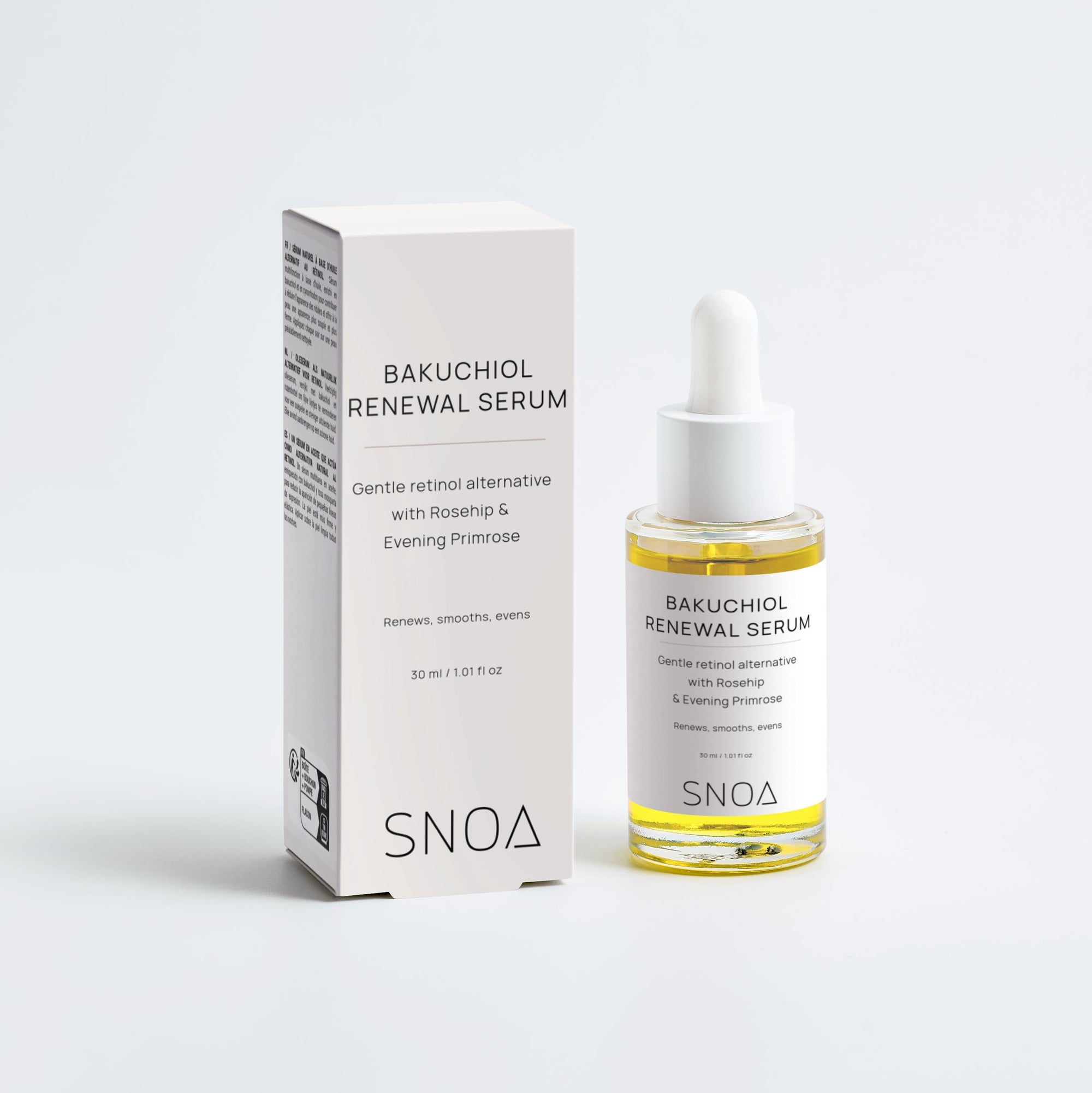 Bakuchiol Renewal Serum bottle and packaging on a white background