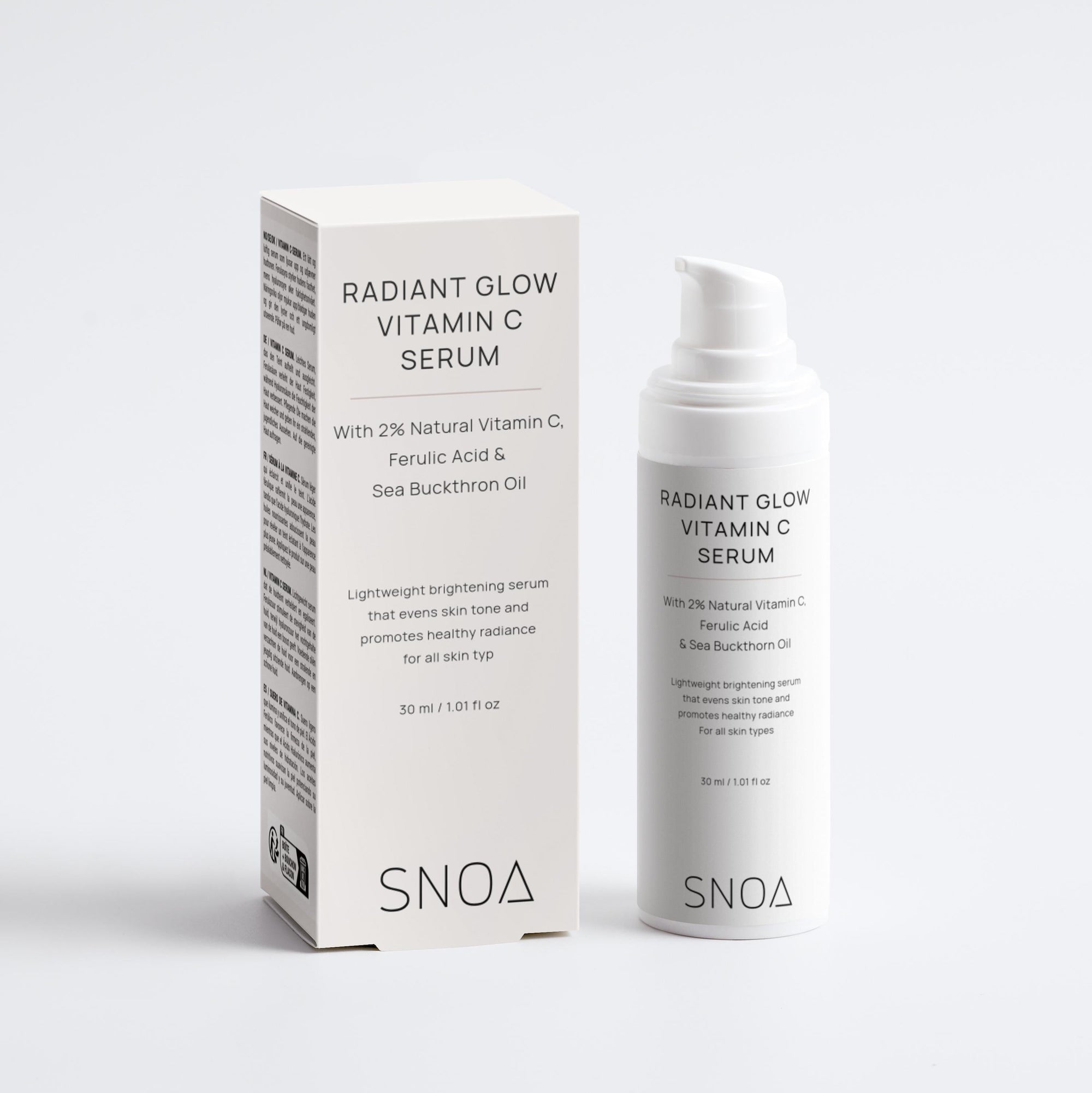 SNOA Radiant Glow Vitamin C Serum packaging on a white background