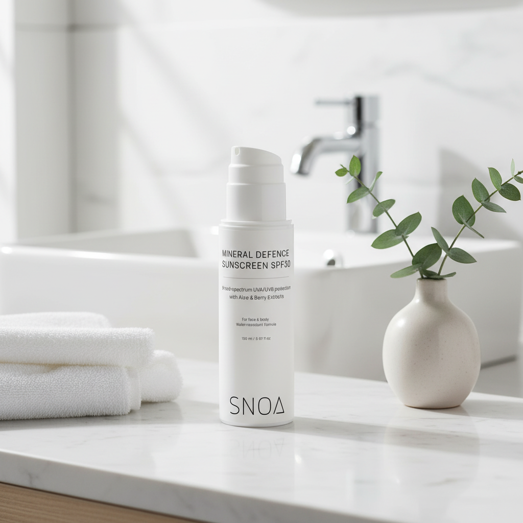 Mineral Defence Sunscreen SPF 30 in a bathroom setting