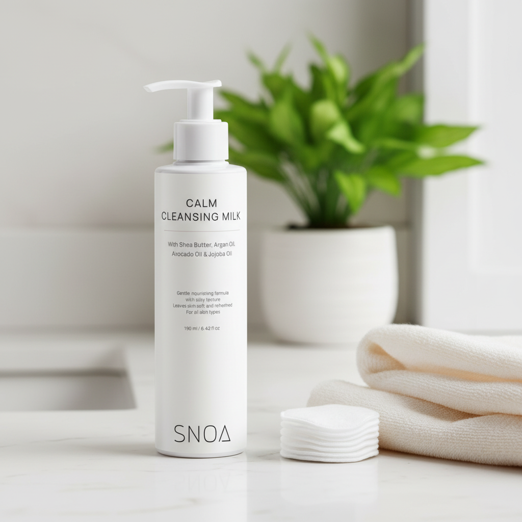 SNOA Calm Cleansing Milk in a bathroom setting