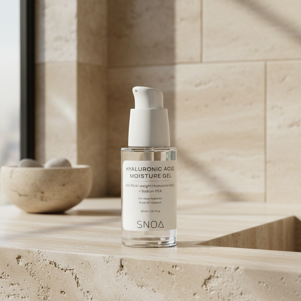 SNOA Hyaluronic Acid Moisture Gel in a bathroom setting