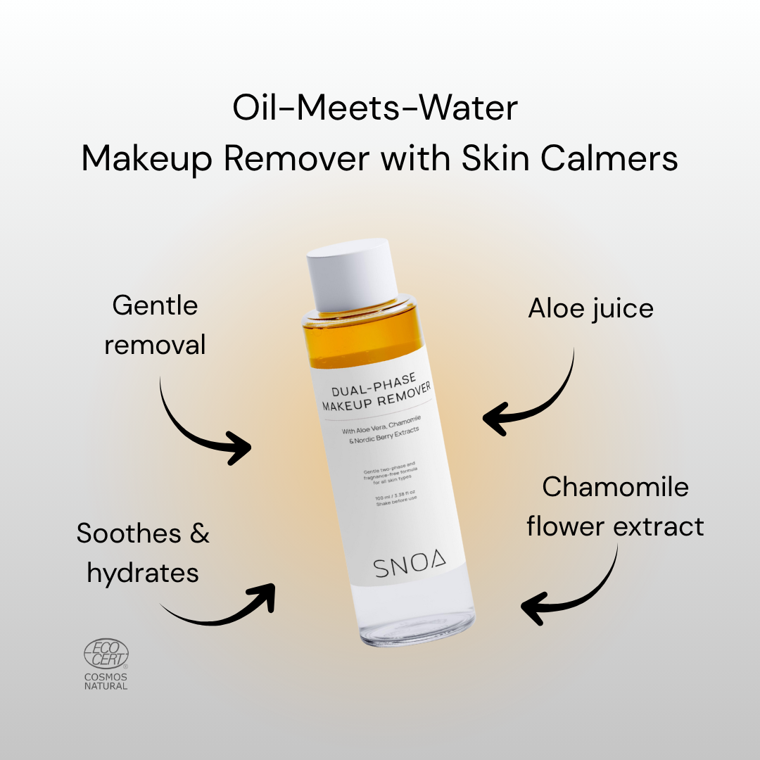 SNOA dual-phase makeup remover bottle with text highlighting its benefits on a light background