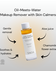 SNOA dual-phase makeup remover bottle with text highlighting its benefits on a light background